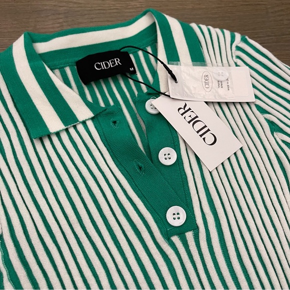 NWT Cider Stripe Knit Slim Green and White Polo Ribbed Crop Top Size Medium - Picture 4 of 9